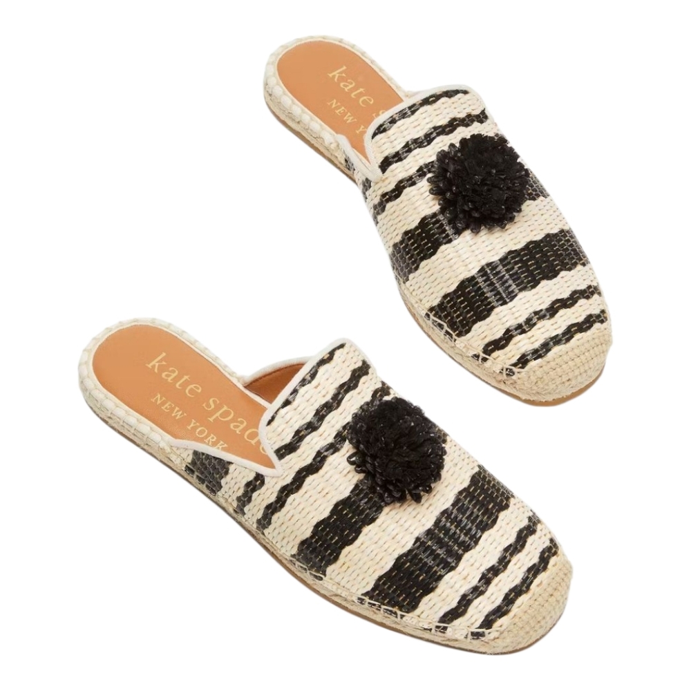 Kate Spade Solero Raffia Espadrille Mules Striped Black Cream Pom Pom Slides - Picture 4 of 9